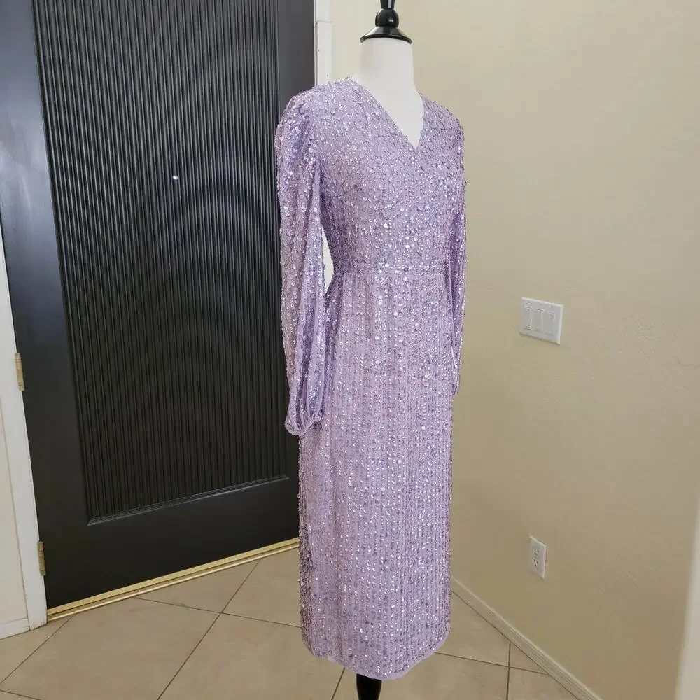 Mac Duggal 107641 Lavender Purple Sequin V Neck Long Sleeve Midi Dress 2 - Picture 8 of 13